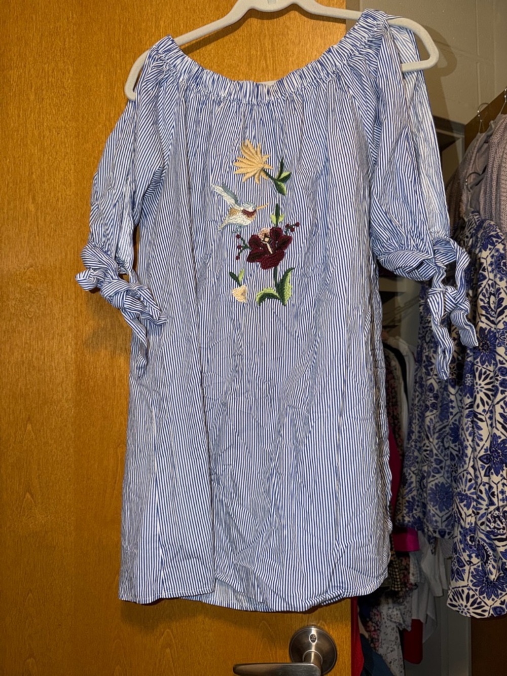 Velzera Blue and White Striped Off-Shoulder Dress with Floral & Bird Embroidery